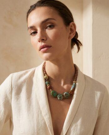 Green Marble-Effect Beaded Statement Necklace | necklace, beaded necklace, statement necklace, boho accessory, handmade-look, natural tones